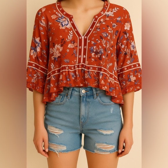 Jaase Tops - Jaase Boho Floral Tunic Top Festivalcore Coastal Cowgirl Peasant Blouse Size Sm‎